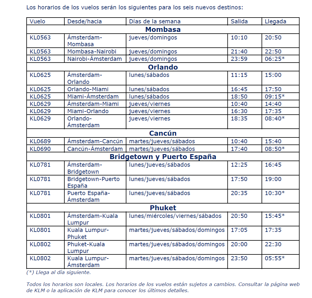 Horarios vuelos KLM verano